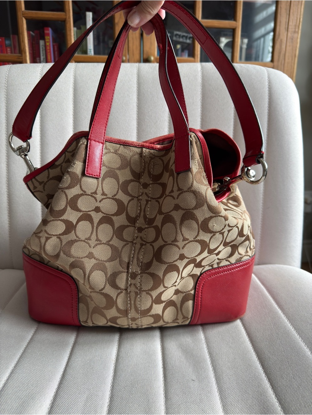 Coach Signature Jacquard Red Leather Slouchy Shoulder Bag